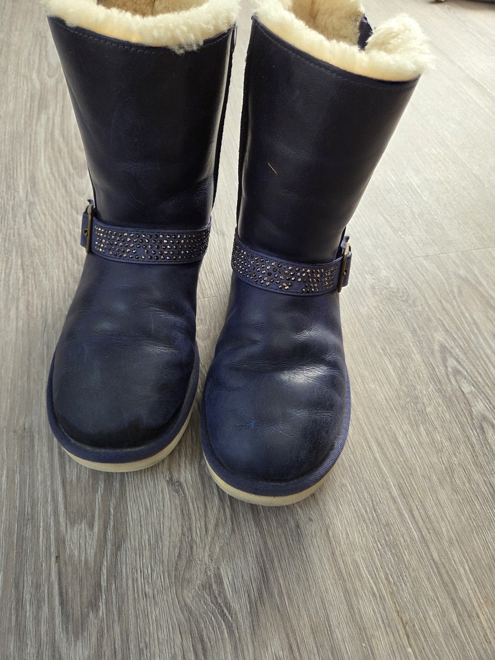 UGG Navy Leather Shearling-Lined Buckle Boots